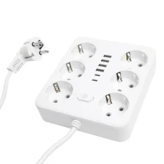 Удлинитель 6-местный c/з 3x1 мм2, 1,8 м, 250В, 10А, 4USB+2Type-C 2,4А, серия Home plus, белый STEKKE