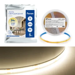 Светодиодная COB лента LS530, 512SMD(2110)/м 12Вт/м 24V 5000*10*1.8мм 3000К IP20 Feron 48970