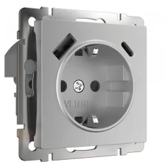 Розетка с заземлением, шторками и USB тип A+C (серебряный рифленый ) W1171709 Werkel a056277