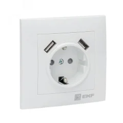 Валенсия розетка 1-местная с/з 16А белая с защ. штор. с 2 USB 2,1А EKF EWR16-028-10-2USB