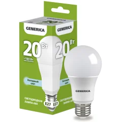 Лампа LED A60 груша 20Вт 230В 6500К E27 GENERICA LL-A60-20-230-65-E27-G