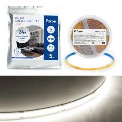 Светодиодная COB лента LS530, 512SMD(2110)/м 12Вт/м 24V 5000*10*1.8мм 4000К IP20 Feron 48969