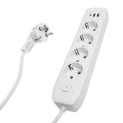 Удлинитель 4-местный c/з 3x1 мм2, 1,8 м, 250В, 10А, 2USB+1Type-C 2,4А, серия Home plus, белый STEKKE
