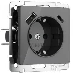 Розетка с заземлением, шторками и USB тип A+C (графит акрил) W1171744 Werkel a064093
