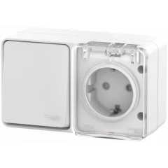 AtlasDesign PROFI IP54 О/У БЛОК: РОЗ. з/к со шт. 16А, ВЫКЛ.1-клав.10А, БЕЛЫЙ ATN540 Systeme Electric