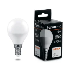 Лампа светодиодная, (6W) 230V E14 4000K G45, LB-1406 Feron 38066