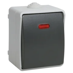 FORS Выключатель 1-клавишный проходной с индикацией для открытой установки 10А IP54 ВС20-1-1-ФСр сер