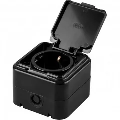 Розетка 1-местная с заземляющим контактом, с крышкой, 250В, 16А, IP44, PST16-21-44 (RA 16-211-Ч), че