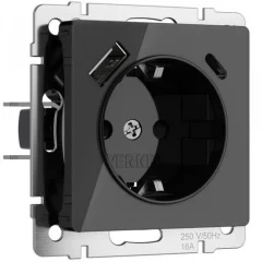 Розетка с заземлением, шторками и USB тип A+C (черный акрил) W1171748 Werkel a064044