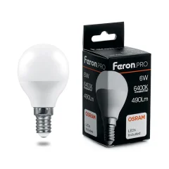 Лампа светодиодная, (6W) 230V E14 6400K G45, LB-1406 Feron 38067