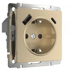 Розетка с заземлением, шторками и USB тип A+C (шампань рифленый) W1171710 Werkel a056276