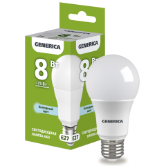 Лампа LED A60 груша 8Вт 230В 6500К E27 GENERICA LL-A60-08-230-65-E27-G