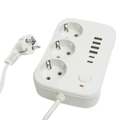 Удлинитель 3-местный c/з 3x1 мм2, 1,8 м, 250В, 10А, 4USB+2Type-C 2,4А, серия Home plus, белый STEKKE