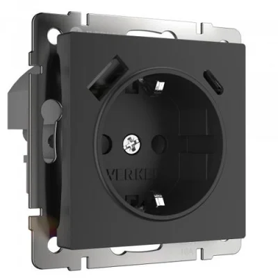 Розетка с заземлением, шторками и USB тип A+C (черный) W1171708 Werkel a056275 фото 1