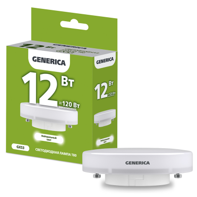 Лампа LED T80 таблетка 12Вт 230В 4000К GX53 GENERICA LL-T80-12-230-40-GX53-G фото 1