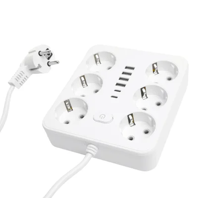 Удлинитель 6-местный c/з 3x1 мм2, 1,8 м, 250В, 10А, 4USB+2Type-C 2,4А, серия Home plus, белый STEKKE фото 1