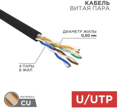 Витая пара UTP, 4PR, 24AWG, CAT5e, наружный, OUTDOOR, бухта 305м Rexant 01-0045 фото 1