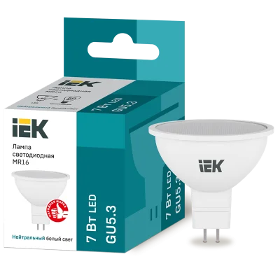 Лампа LED MR16 софит 7Вт 230В 4000К GU5.3 IEK LLE-MR16-7-230-40-GU5 фото 1