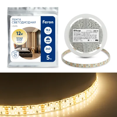 Лента светодиодная, 240SMD(2835)/m 19.2W/m 12V 5m 3000К, LS615 FERON Feron 27734 фото 1