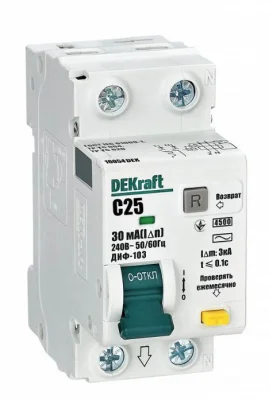 АВДТ 1Р+N 25А 30мА тип AC х-ка C ДИФ-103 4.5кА нов. DEKraft 16054DEK фото 1