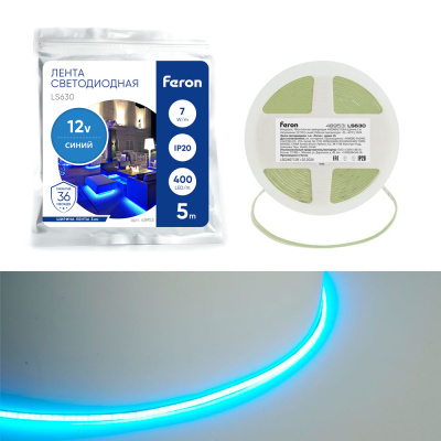 Светодиодная COB лента LS630, 400SMD(2110)/ 7Вт/м 12V 5000*3*1.8мм синий, IP20 Артикул Feron 48953 фото 1