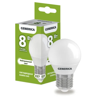 Лампа LED G45 шар 8Вт 230В 4000К E27 GENERICA LL-G45-08-230-40-E27-G фото 1