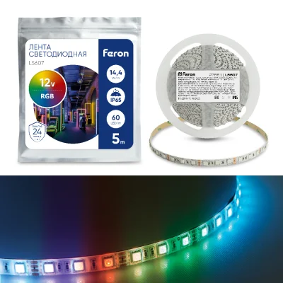 Лента светодиодная, 60SMD(5050)/m 14.4W/m 12V IP65 5m RGB , LS607 FERON Feron 27651 фото 1