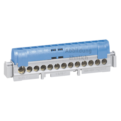 Клеммная колодка IP 2X - нейтраль - синяя - 1 x 6-25 мм² - 21 x 1,5-16 мм² - длина 141 мм 00 Legrand фото 1