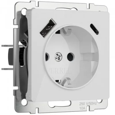 Розетка с заземлением, шторками и USB тип A+C (белый акрил) W1171741 Werkel a064014 фото 1