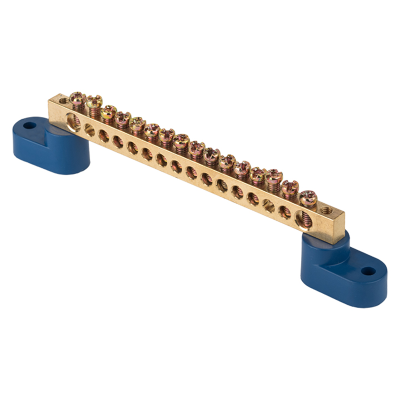 Шина "0" N (6х9мм) 16 отверстий латунь 2 синих угловых изолятора PROxima EKF sn0-2-63-16 фото 1