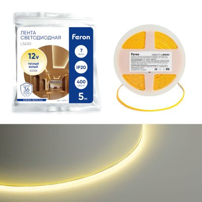 Светодиодная COB лента LS630, 400SMD(2110)/ 7Вт/м 12V 5000*3*1.8мм 3000K, IP20 Артикул Feron 48947 фото 1