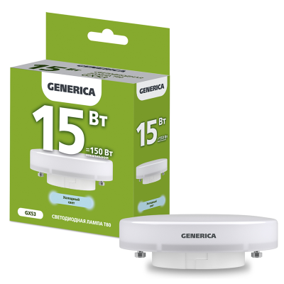 Лампа LED T80 таблетка 15Вт 230В 6500К GX53 GENERICA LL-T80-15-230-65-GX53-G фото 1