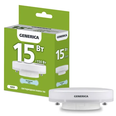 Лампа LED T80 таблетка 15Вт 230В 6500К GX53 GENERICA LL-T80-15-230-65-GX53-G фото 1