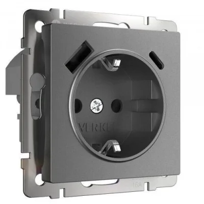 Розетка с заземлением, шторками и USB тип A+C (графит матовый) W1171764 Werkel a063106 фото 1