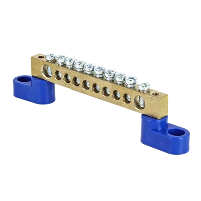 Шина "0" N (8х12мм) 10 отверстий латунь 2 синих угловых изолятора PROxima EKF sn0-125-10-2 фото 1