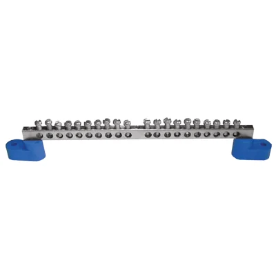 Шина "0" N (8х12мм) 20 отверстий латунь 2 синих угловых изолятора PROxima EKF sn0-125-20-2 фото 1