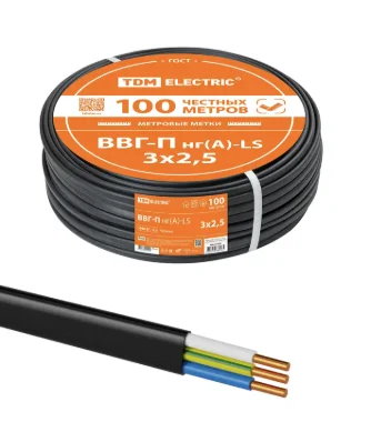 Кабель ВВГ-Пнг(А)-LS 3х2,5 ок(N, PE)-0,66 ГОСТ (100м) TDM TDM Electric SQ0117-0076 фото 1