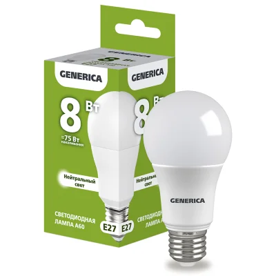 Лампа LED A60 груша 8Вт 230В 4000К E27 GENERICA LL-A60-08-230-40-E27-G фото 1