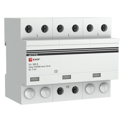 Устройство защиты от импульсных перенапряжений Тип 1 Iimp 25kA (10/350μs) 3P EKF spd-t1-25-3p фото 1