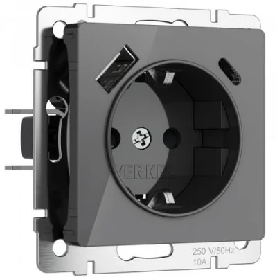 Розетка с заземлением, шторками и USB тип A+C (графит акрил) W1171744 Werkel a064093 фото 1
