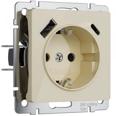 Розетка с заземлением, шторками и USB тип A+C (айвори акрил) W1171743 Werkel a064131 фото 1