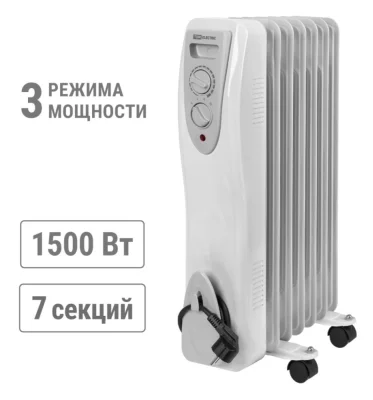 Масляный обогреватель МО-7, 1500 Вт, 7 секций, регулятор мощности (550/950/1500 Вт), термостат, SQ25 фото 1