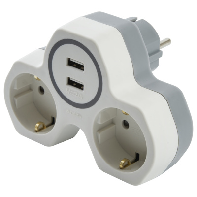 Разветвитель сетевой 2-местный и с 2-мя выходами USB, с/з, ADP16-14-20, белый/серый STEKKER 32872 фото 1