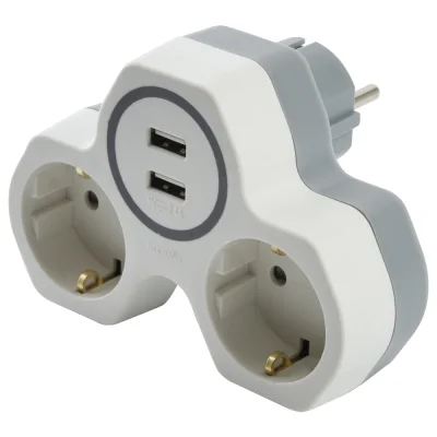 Разветвитель сетевой 2-местный и с 2-мя выходами USB, с/з, ADP16-14-20, белый/серый STEKKER 32872 фото 1
