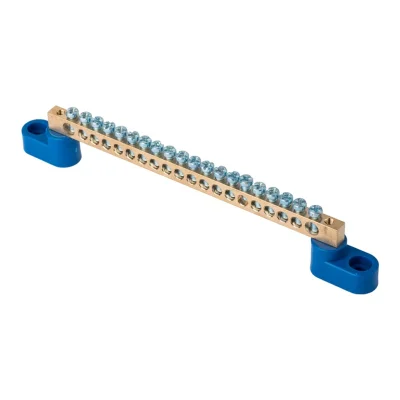 Шина "0" N (6x9мм) 20 отв. латунь 2 синих угловых изолятора розн. стикер EKF sn0-2-63-20-r фото 1