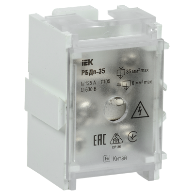 Блок распред. проходн. РБДп-35 125/50А DIN 1х35-4х6мм2 IEK YRB30-1-125 фото 1