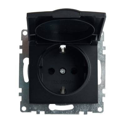 Розетка 1-местная с крышкой с защ. штор (механизм) с/з, 250В, 16А, серия Катрин, GLS16-7112-05, черн фото 1