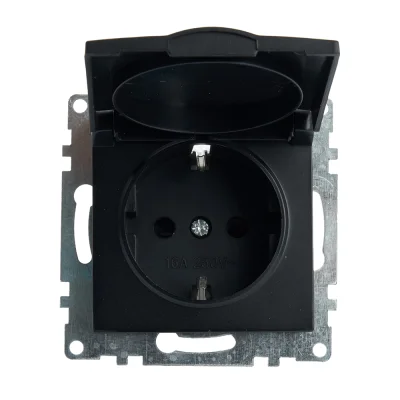 Розетка 1-местная с крышкой с защ. штор (механизм) с/з, 250В, 16А, серия Катрин, GLS16-7112-05, черн фото 1