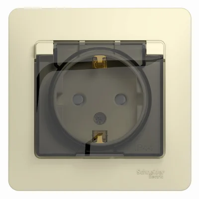 GLOSSA РОЗЕТКА с заземлением со шторками с крышкой, 16А, IP44, в сборе, БЕЖЕВЫЙ GSL Systeme Electric фото 1