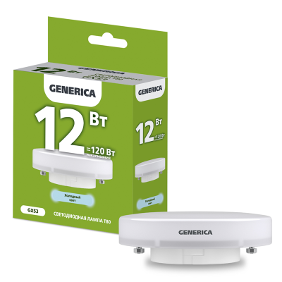 Лампа LED T80 таблетка 12Вт 230В 6500К GX53 GENERICA LL-T80-12-230-65-GX53-G фото 1